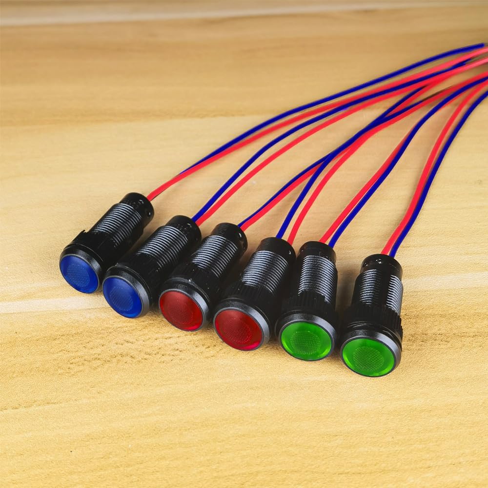 6pcs Red/Blue/Green LED Indicator Pilot Light 110VAC Mounting Hole Size 10mm(Flame Retardant Plastic Shell)