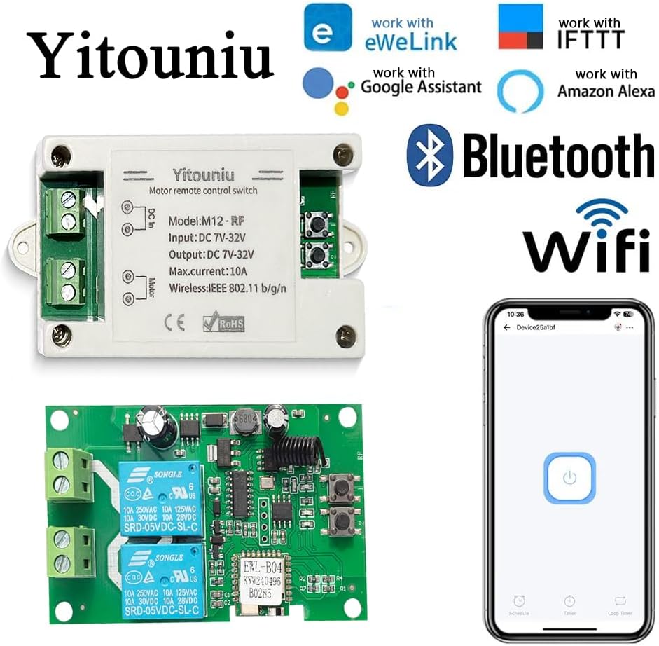EWeLink DC7-32V 10A Motor Forward Reverse Controller Switch, WiFi Bluetooth Remote Control, RF Compatible,Works with Alexa/Google Home Compatible, Smart Timing for Electric Desks, Screens