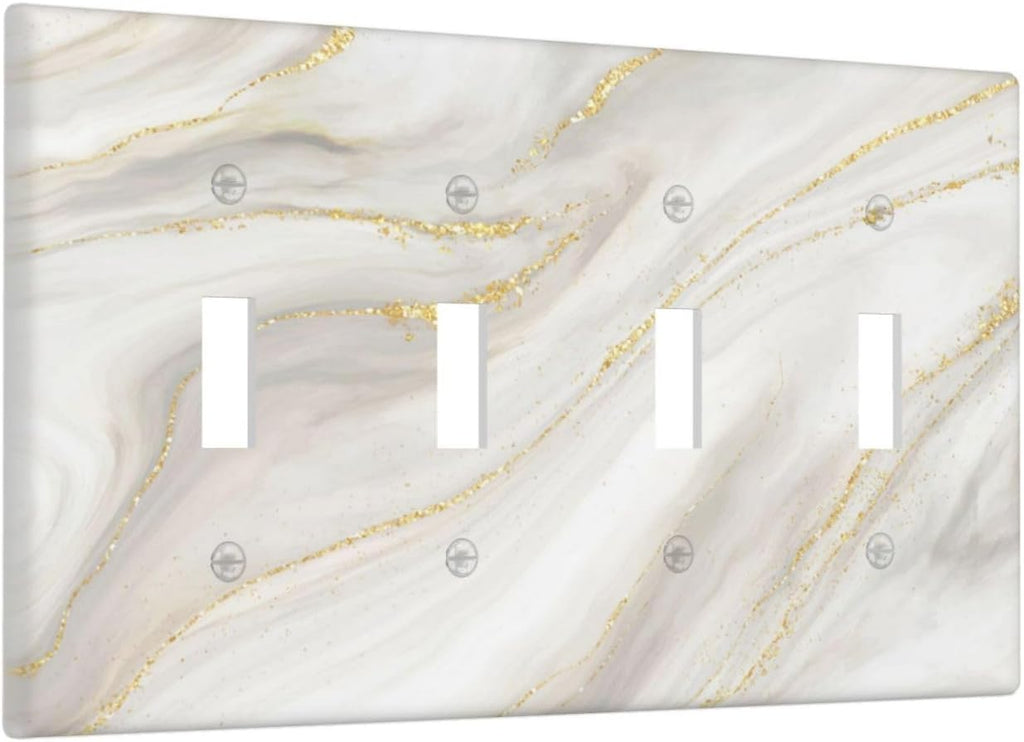 White Grey Gold Marble Simple Tiles Light Switch Covers Quad Toggle Electrical Faceplate 4 Gang Wall Plate Decorative Switch Plates for Bathroom Kitchen Decor