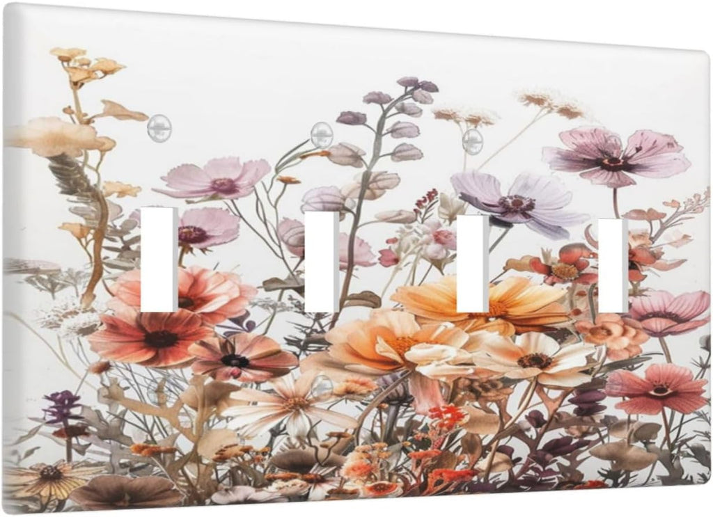Boho Nursery Wildflower Flora Vintage Flower Light Switch Covers Quad Toggle Electrical Faceplate 4 Gang Wall Plate Decorative Switch Plates Cover for Bedroom Living Room Decor