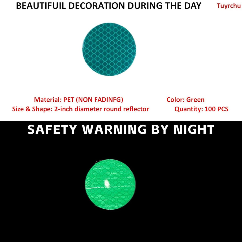 Non Fading Green Reflective Stickers 2-inch Diameter Round Reflector, Outdoor Waterproof High Visibility Warning Adhesive Tape (100 Pcs)
