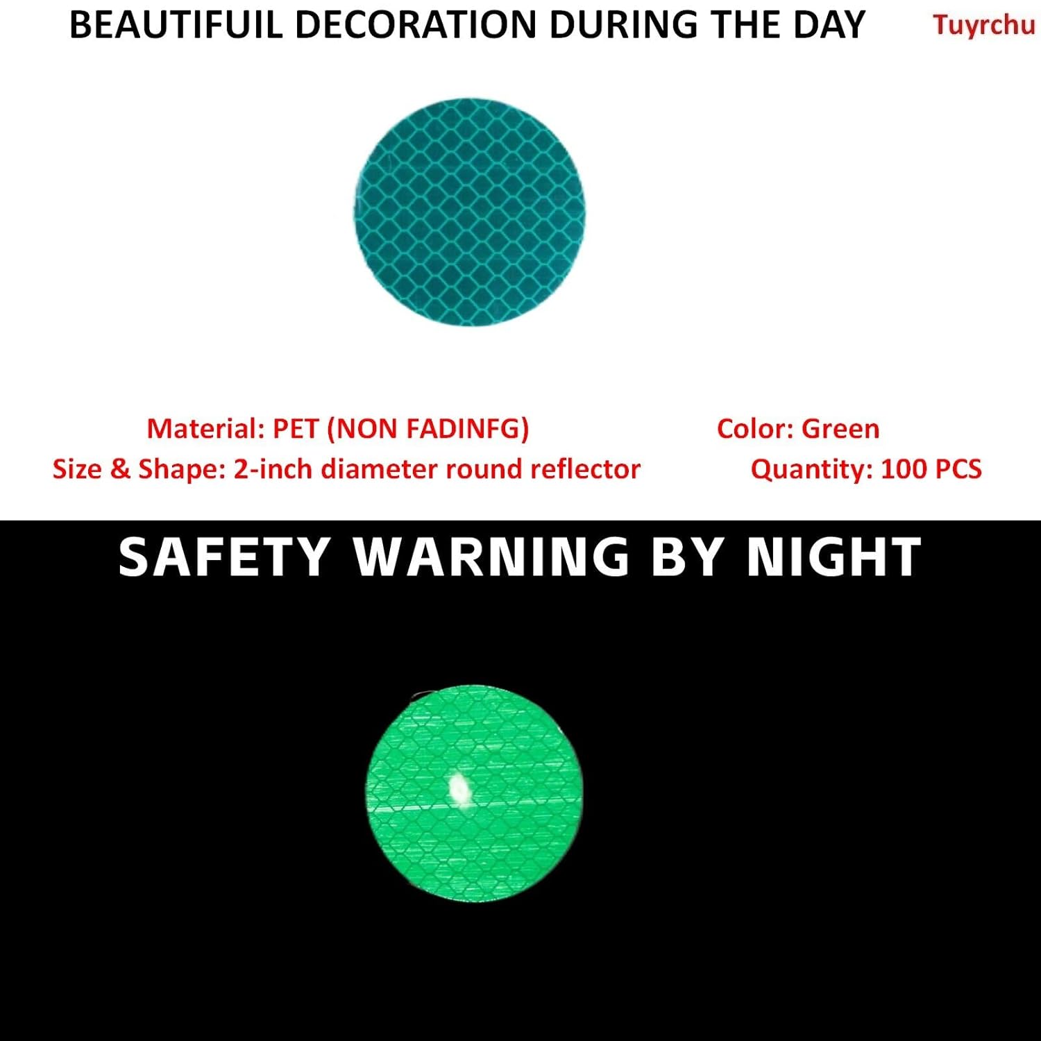 Non Fading Green Reflective Stickers 2-inch Diameter Round Reflector, Outdoor Waterproof High Visibility Warning Adhesive Tape (100 Pcs)