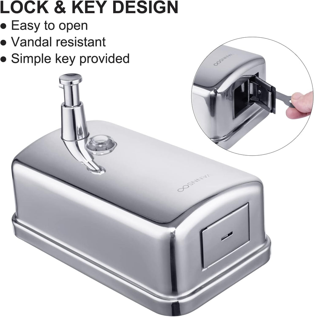 Commercial Soap Dispenser Wall Mount Stainless Steel Manual Liquid Pump Rust-Proof Leak Free for Bathroom (37 fl.oz./1100ml)