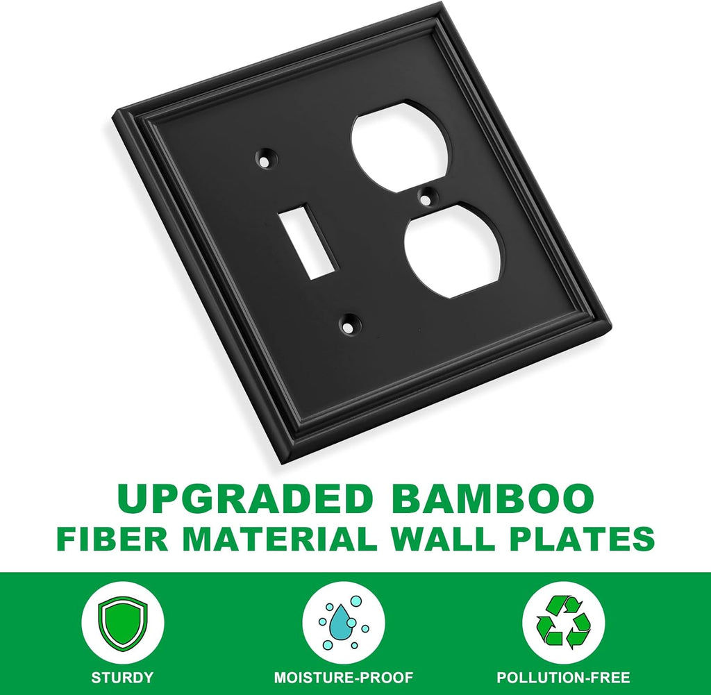 Black Modern Decorative Wall Plate Light Switch Cover Decorator Outlet Covers Rocker Switch Plates Bamboo Fiber Material Wall Plates for Kitchen Bathroom (2 Gang Toggle/Duplex-2 Pack)