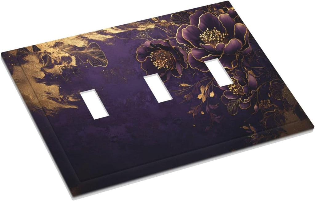 Decorative Purple Peony Gold Leaf Flowers Floral 3 Gang Wall Plate Oversized Triple Toggle Switch Cover Plate Jumbo Electrical Face Plate for Bedroom Decor