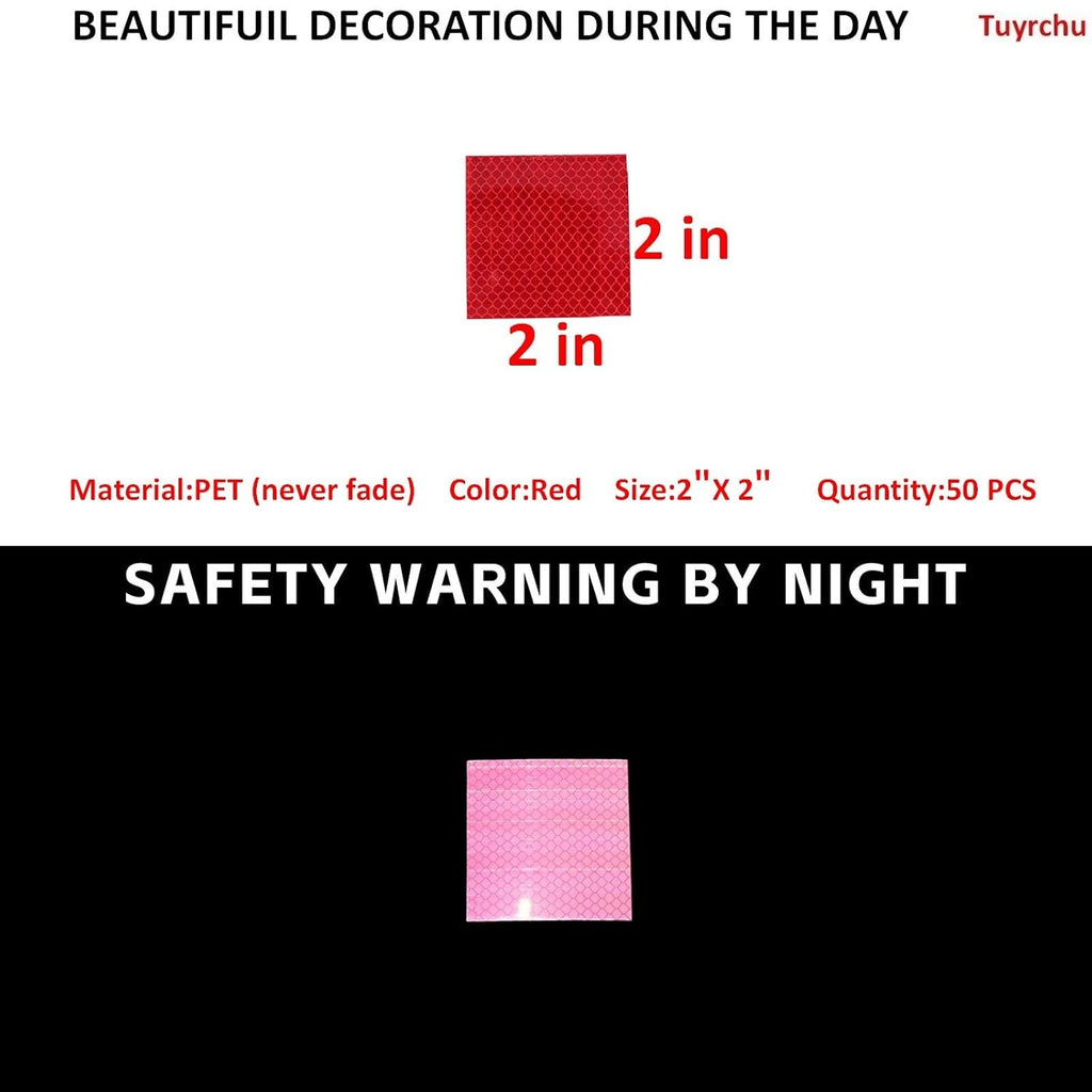 Non Fading Red Reflective Stickers 2 inch X 2 inch, Outdoor Waterproof High Visibility Warning Safety Adhesive Reflector Tape (50 Pcs)