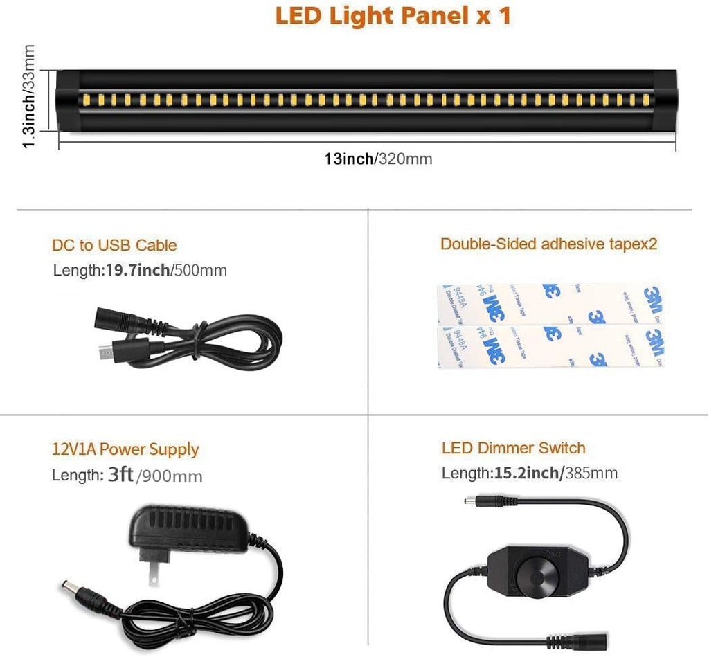 inShareplus 13inch LED Under Cabinet Lighting, Dimmable Light, Warm White 3500K, CRI90+, 450Lumens, DC 12V Ultra Thin Under Counter Kitchen Lights for Kitchen, Shelf, Cupboard, Black, 1 Pack