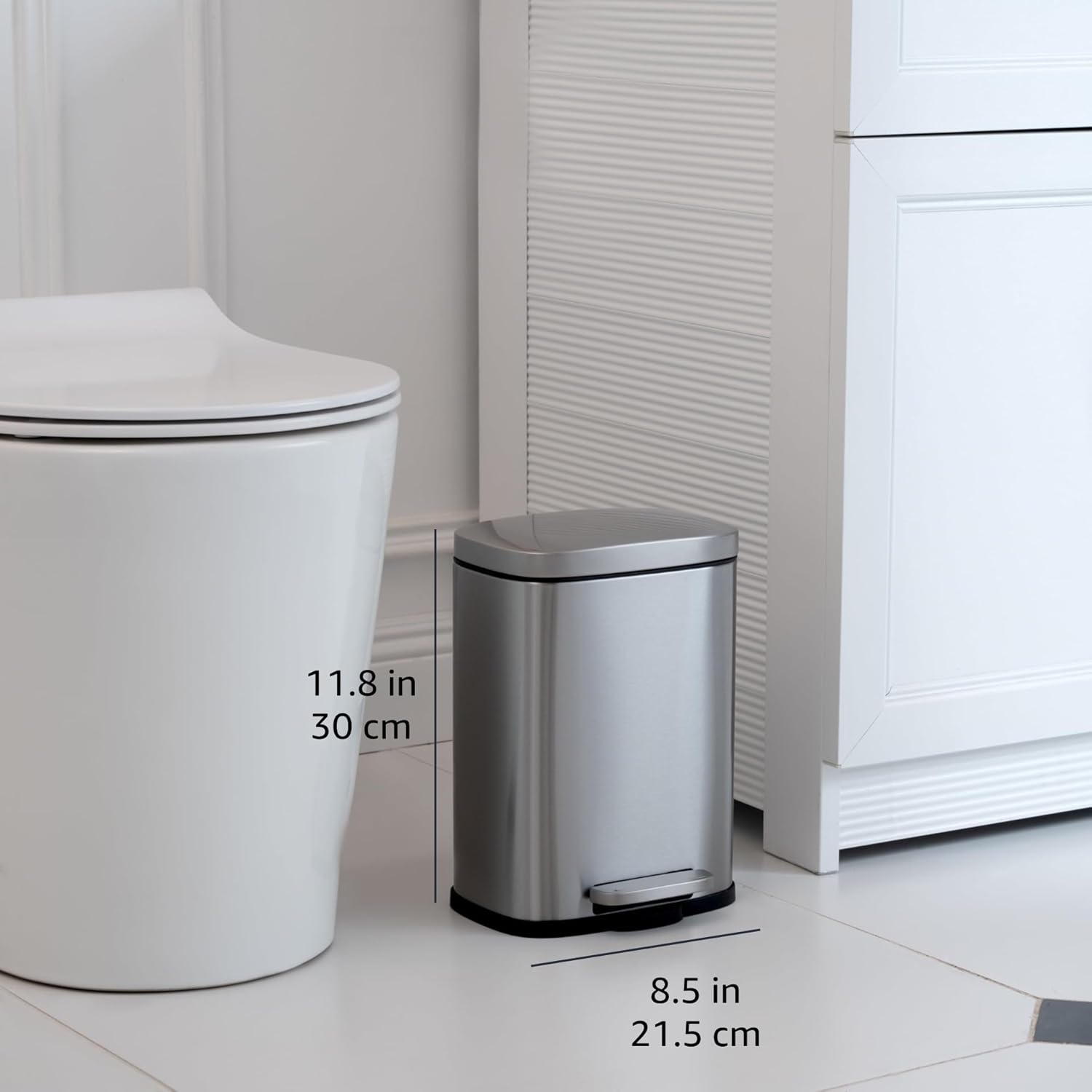 Amazon Basics Smudge Resistant Mini Rectangular Trash Can With Soft-Close Foot Pedal, Brushed Stainless Steel, for Bathroom & small space, 5L/1.32 Gal, 7.3x8.5x11.8 in, Satin Nickel Finish