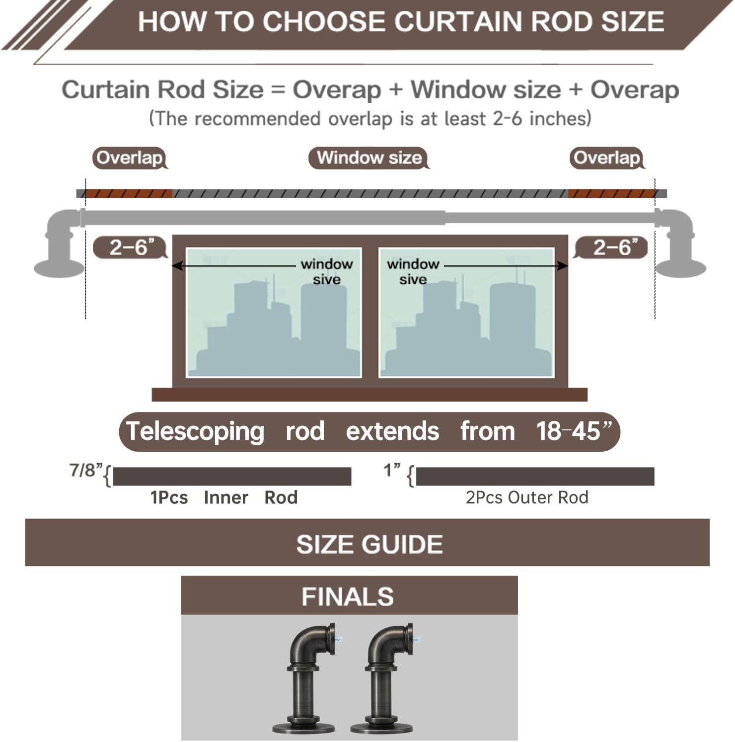Industrial Curtain Rods 18 to 45 in,Wrap Around Rods, Adjustable Curtain Pole,1 in Diameter Pipe Wall or Ceiling Mounted,for Living Room(Antique Nickel 18” to 45”)
