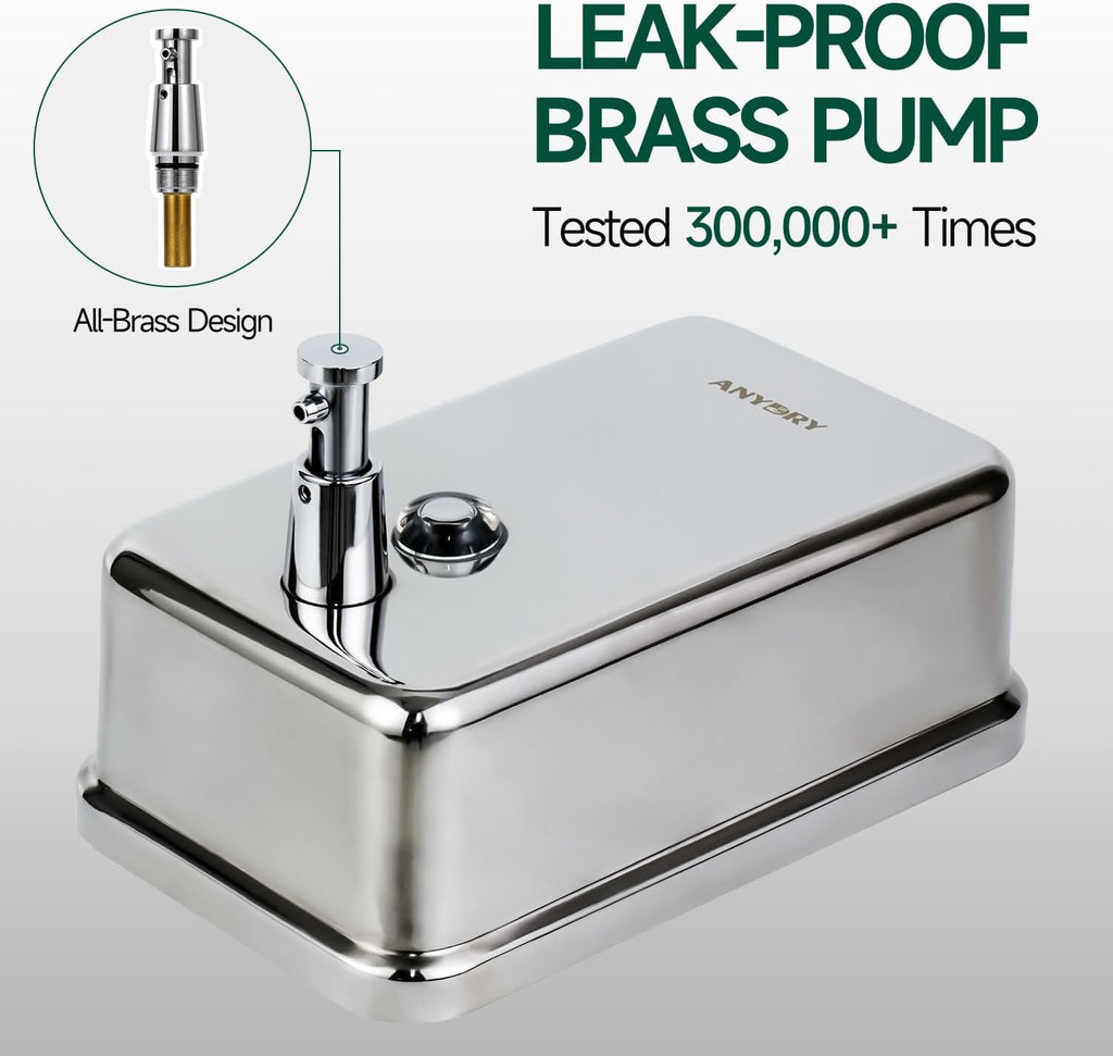 Commercial Manual Soap Dispenser, Durable Polished Stainless Steel Finish, 37oz (1100ml) Liquid, Wall-Mounted for Bathroom & Kitchen