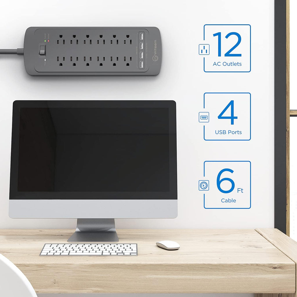 Surge Protector Power Strip - 12 Outlets, 4 USB 3.4A Ports, 6Ft Extension Cord, 1875W/15A, 4360Joules, Wall Mountable, Overload Protection - Ideal for Home & Office Use (Black-3.4A)