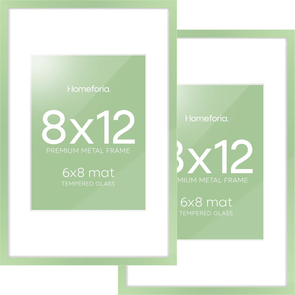 Homeforia 8x12 Picture Frame Sage Green, High End Metal 8 x 12 Poster Frames with Mat 6 by 8 Photo, 12x8 Frame Matted to 6x8 inch Art, 8by12 Wall or Tabletop Frames, Tempered Glass, Wall Kit, Set of 2