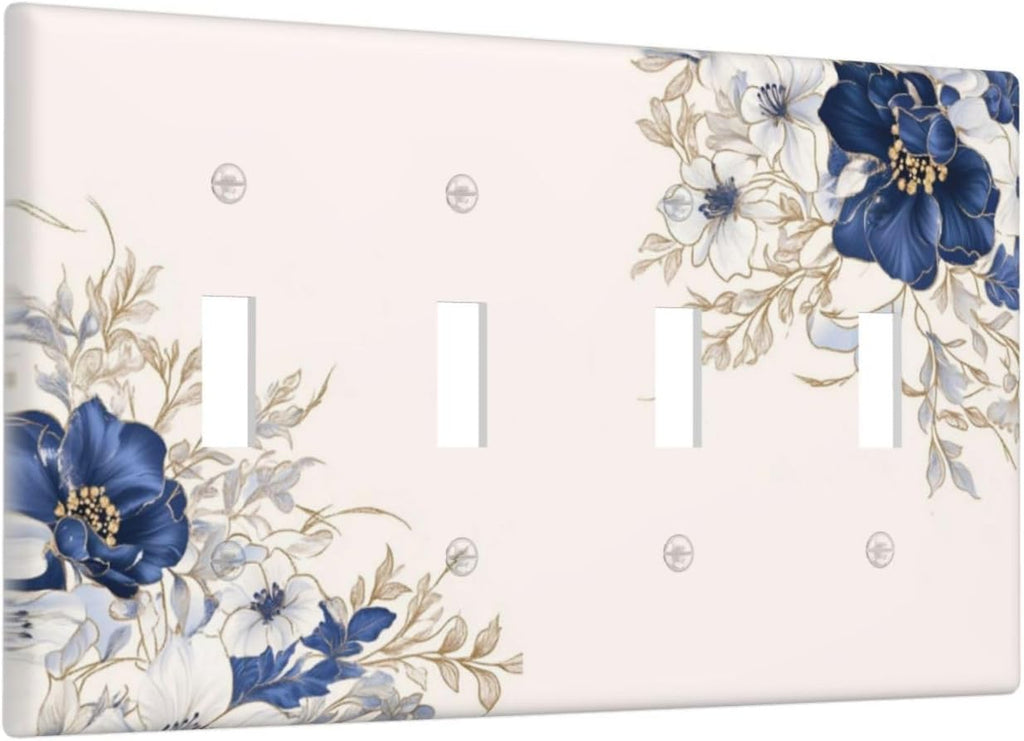 Decorative Light Switch Cover Plate Rustic Blue Beige Flower Peony Floral 4 Gang Wall Plates for Electrical Outlets Quad Toggle Switch Plate Covers Outlet Covers Faceplate for Bedroom Decor