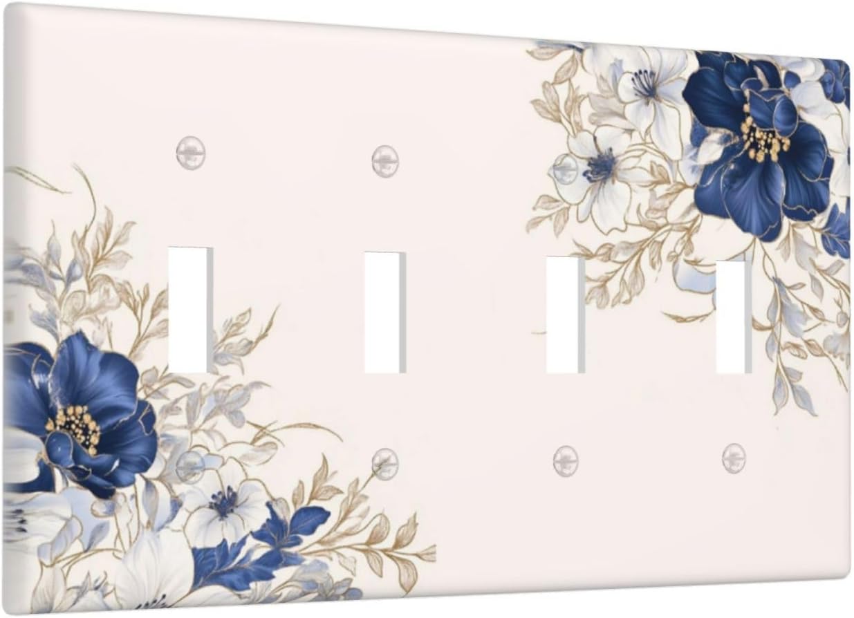 Decorative Light Switch Cover Plate Rustic Blue Beige Flower Peony Floral 4 Gang Wall Plates for Electrical Outlets Quad Toggle Switch Plate Covers Outlet Covers Faceplate for Bedroom Decor