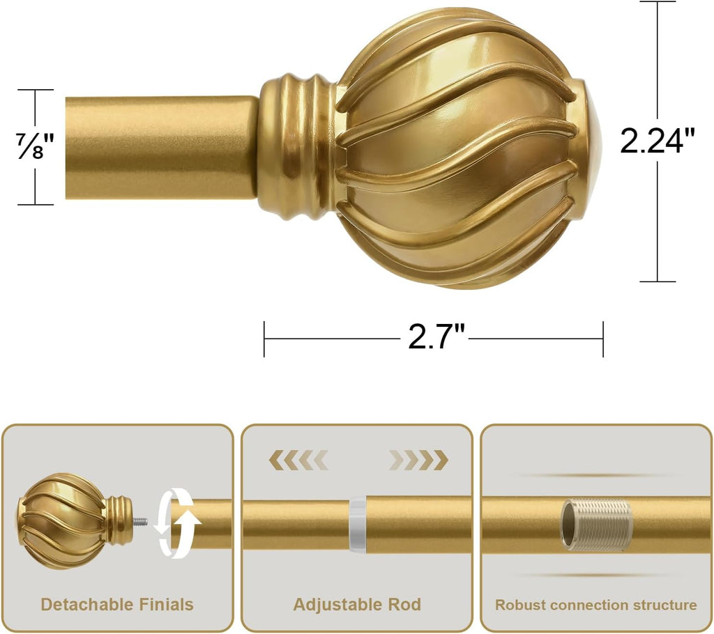 Gold Curtain Rods for Windows 66 to 120 Inch 7/8" Diamete Heavy Duty Adjustable Window Curtain Rod with Decorative Finials for Farmhouse Bedroom Living Room Kitchen Outdoor