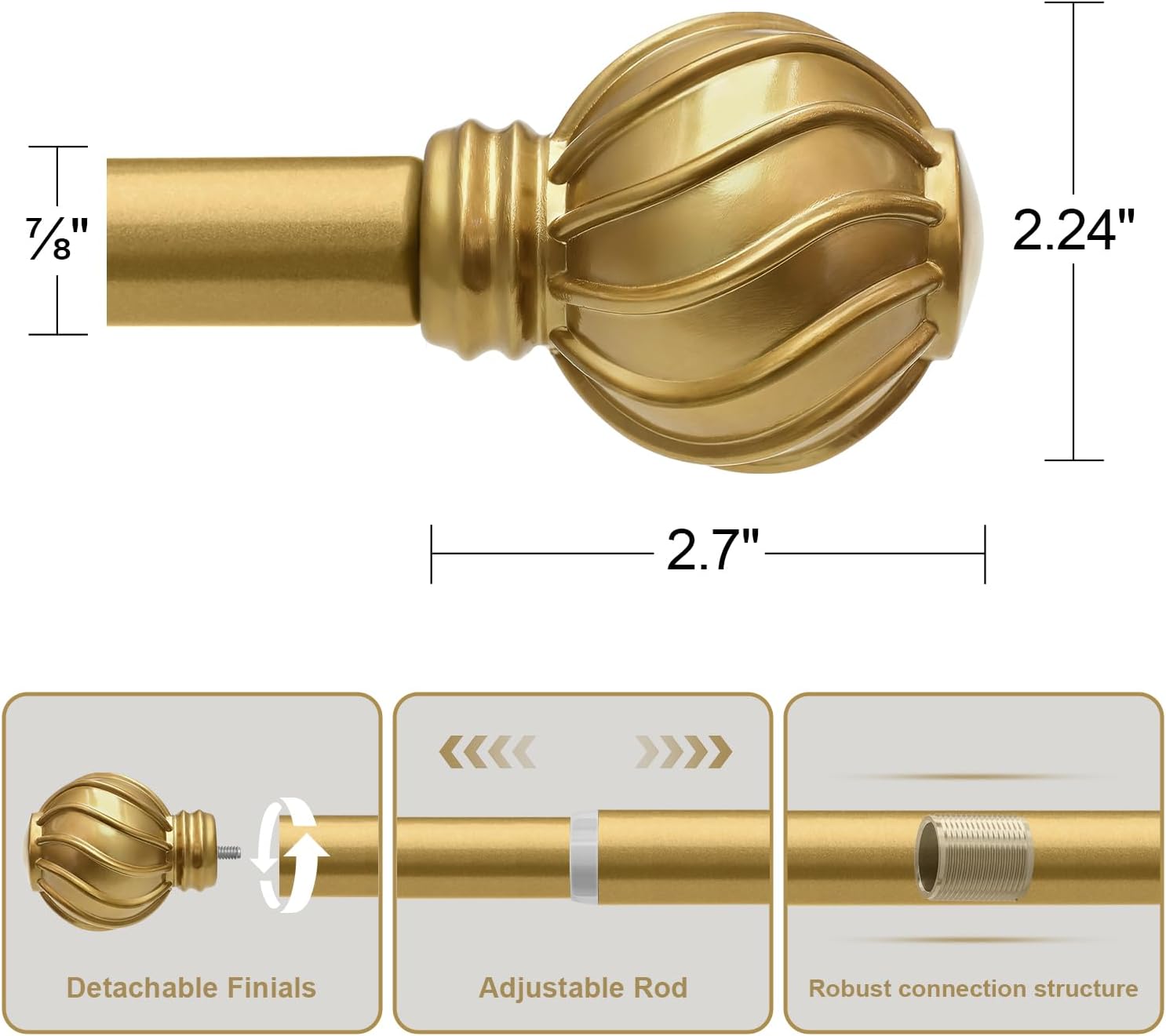 Gold Curtain Rods for Windows 66 to 120 Inch 7/8" Diamete Heavy Duty Adjustable Window Curtain Rod with Decorative Finials for Farmhouse Bedroom Living Room Kitchen Outdoor