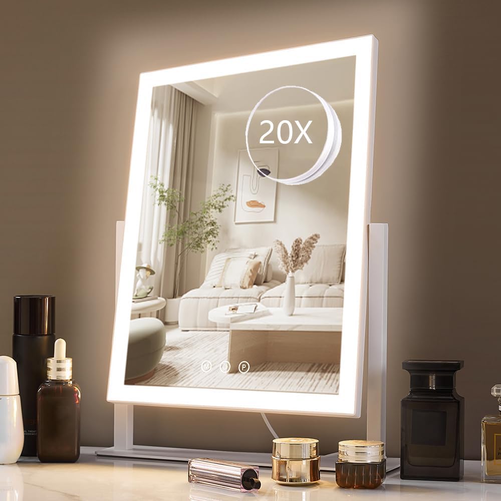 HIEEY Lighted Makeup Mirror, Hollywood Vanity Mirror with Lights, Three Color Lighting Modes, with 4in 20X Magnification Mirror, Smart Touch Control, 360°Rotation (17.4in,White,Gift Box)