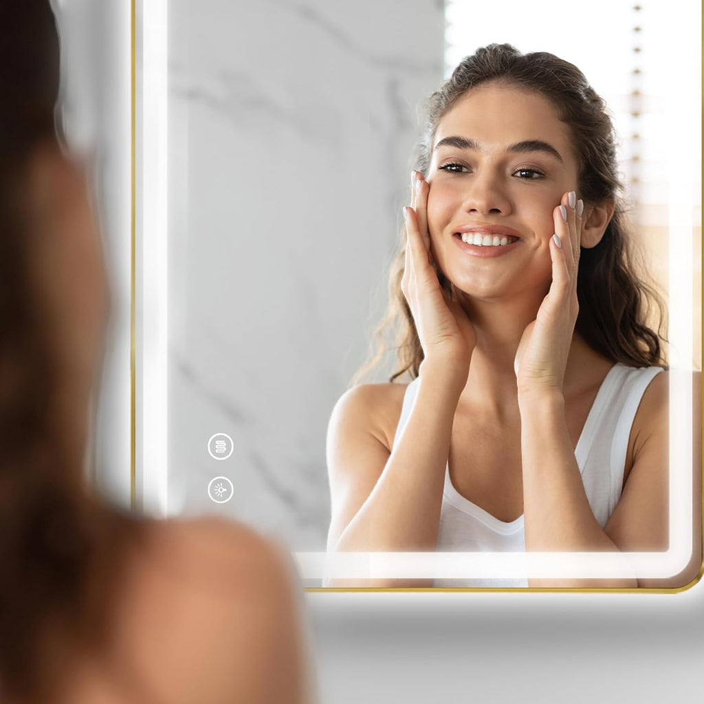 Niccy LED Bathroom Mirror with Lights, 36"x24" Vanity Mirror for Wall Makeup Mirror with Front and Backlit Anti-Fog 3 Colors and Dimmable Light Smart Rectangle Mirror for Bathroom, Gold