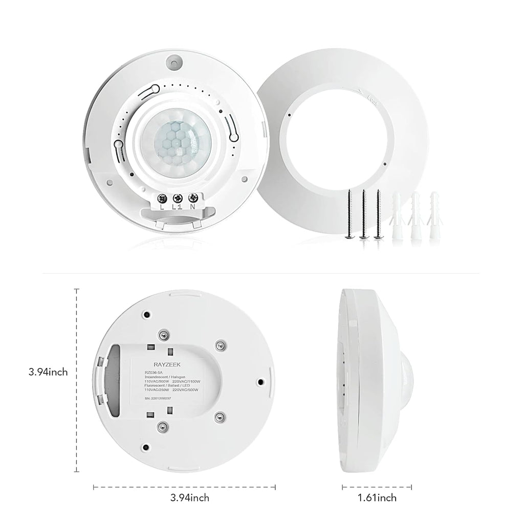 RAYZEEK Ceiling Mount Motion Sensor,360 Motion Sensor,110V-265V,1100W,Occupancy Sensor Switch for Ceiling, 8-12M High Sensitive Motion Sensor Light Switch,PC Fireproof(5A,Neutral Wire Required)