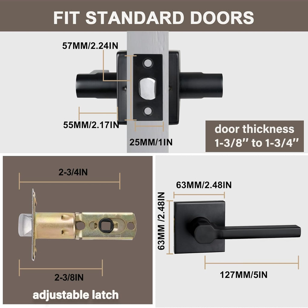 Passage Door Lever (No Lock), Heavy Duty Interior Square Handle for Hallway and Closet, Matte Black, Reversible for Right&Left Handed, 10Packs
