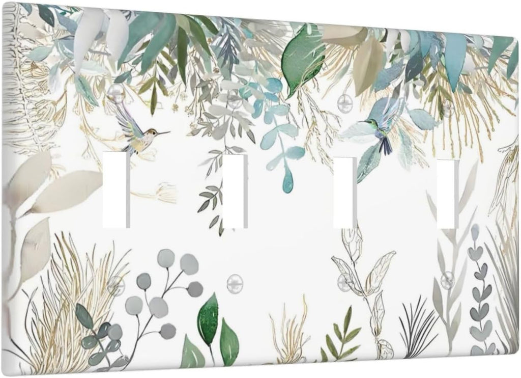Green Tropical Palm Leaves Flower Plants Hummingbird Light Switch Covers Quad Toggle Electrical Faceplate 4 Gang Wall Plate Decorative Switch Plates for Bed Room Living Room Decor