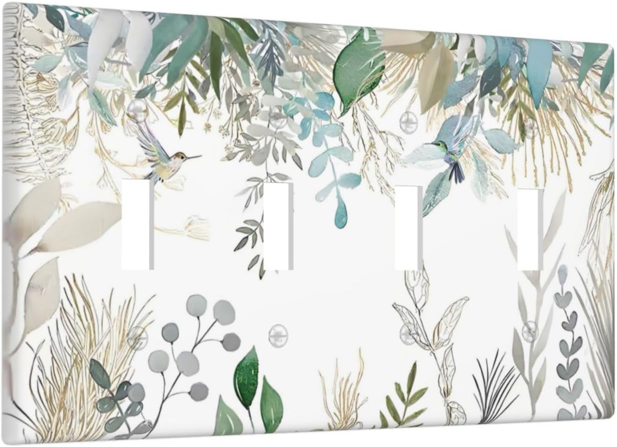 Green Tropical Palm Leaves Flower Plants Hummingbird Light Switch Covers Quad Toggle Electrical Faceplate 4 Gang Wall Plate Decorative Switch Plates for Bed Room Living Room Decor