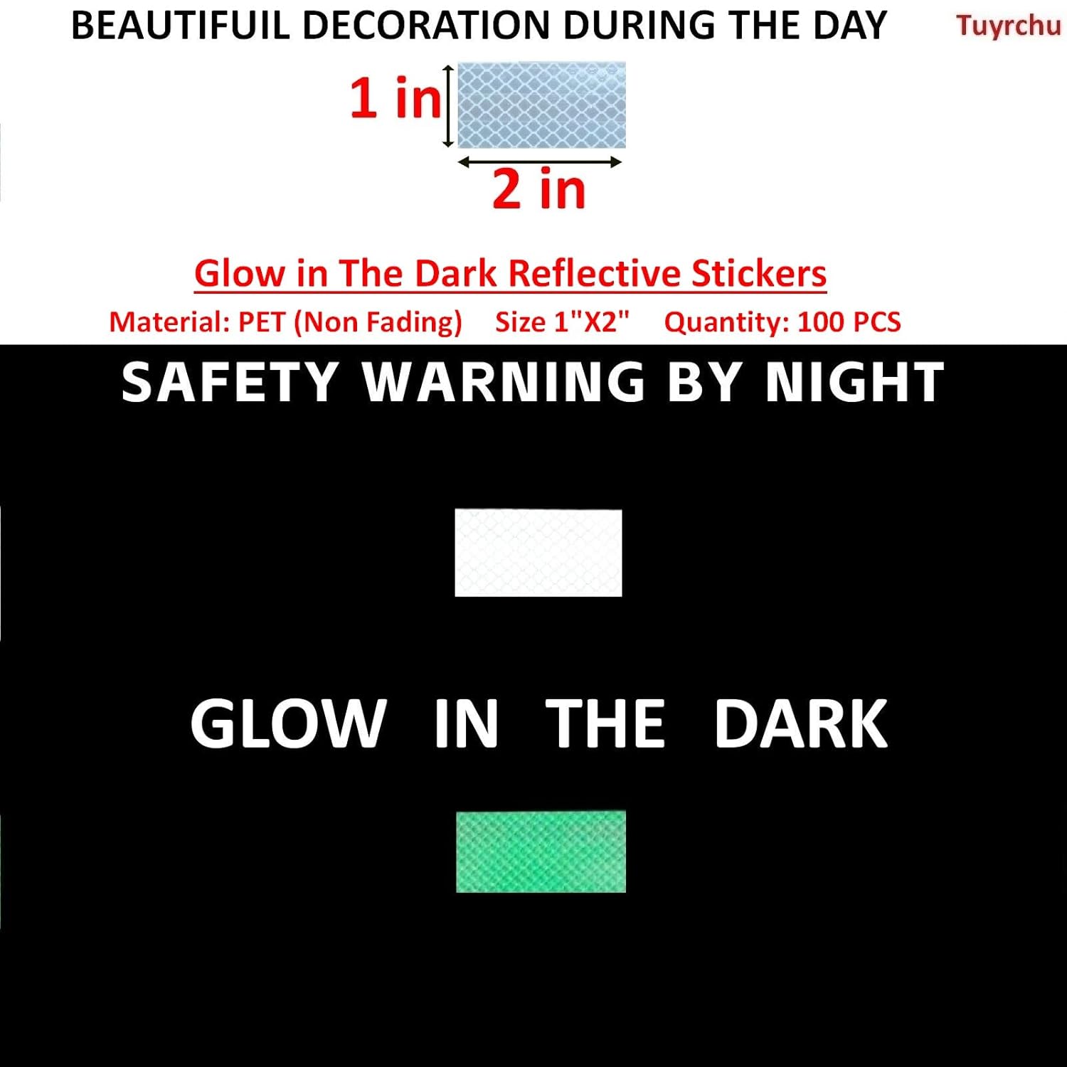 Glow in The Dark Reflective Stickers 1 inch X 2 inch for Car, High Visibility Warning Safety Reflective Strips (100 Pcs)