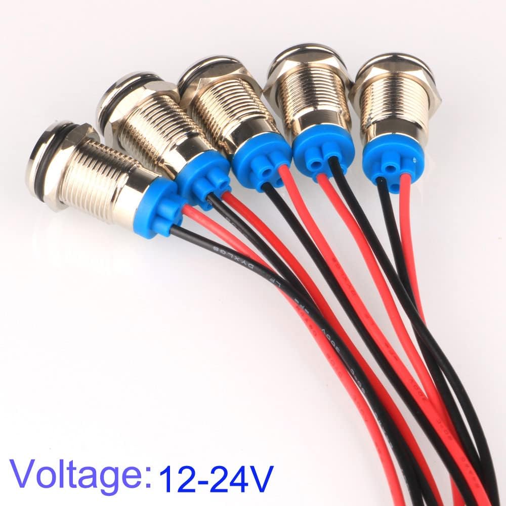 5pcs 10mm LED Metal Indicator Light AC/DC 12-24V Waterproof Signal Lamp Pilot Dash Directional with Wire(Green)