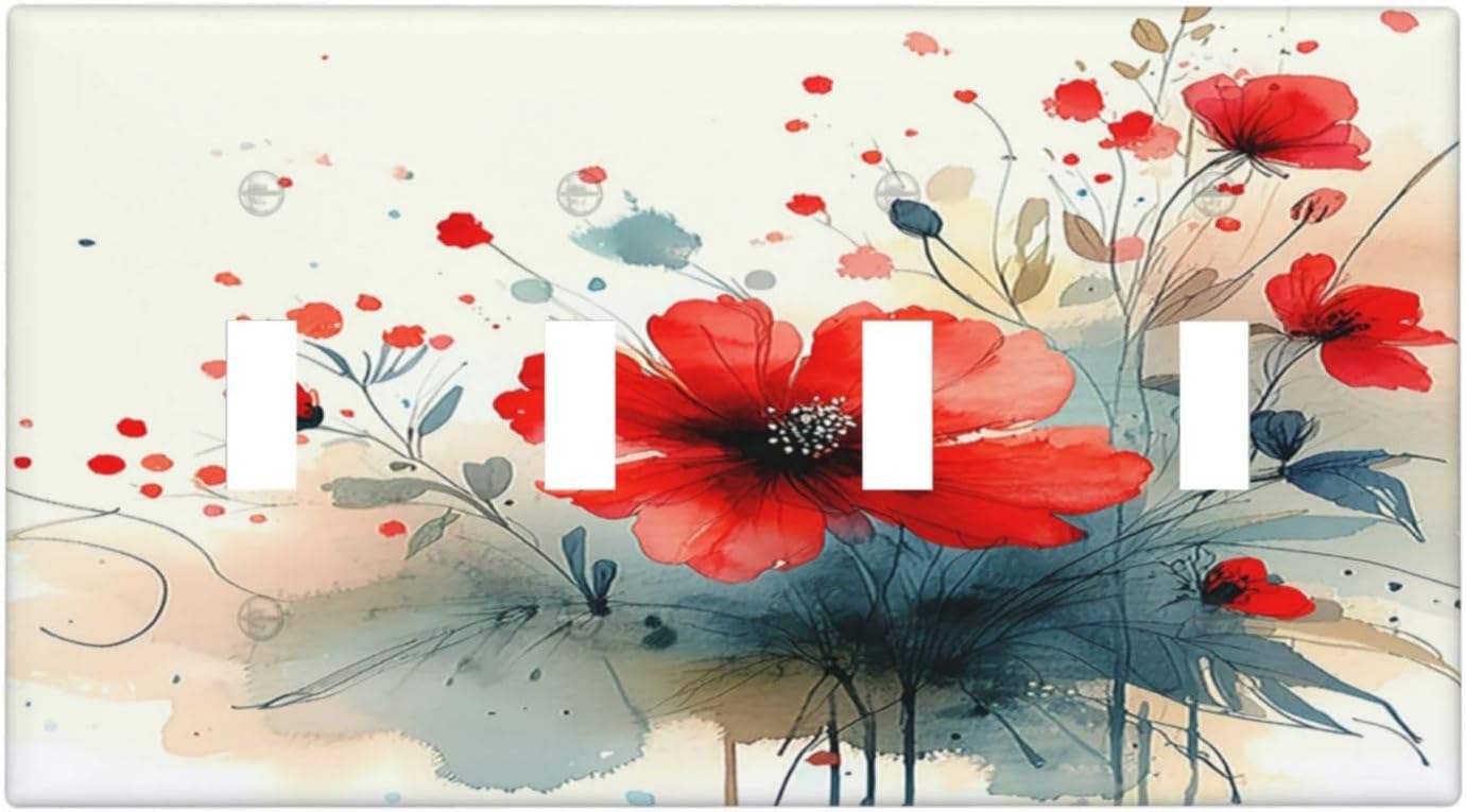 Vintage Floral Red Watercolor Modern Light Switch Covers Quad Toggle 4 Gang Wall Plate Decorative Switch Plates Electrical Faceplate for Bedroom Bathroom Decor