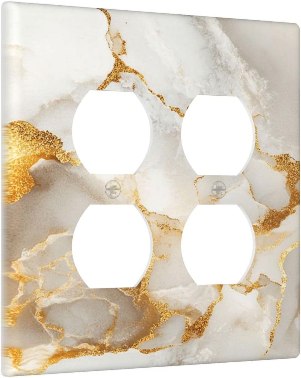 Gold Marble Crack Simple Abstract Print Outlet Covers 2 Gang Double Duplex Decorative Light Switch Covers Electrical Wallplates Socket Faceplate for Bathroom Kitchen Home Decor