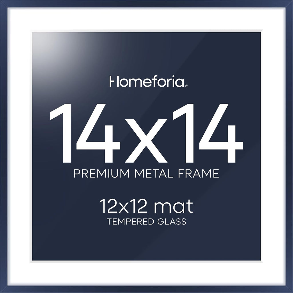 Homeforia 14x14 Picture Frame Navy Blue, High End Metal 14 x 14 Square Poster Frame with Mat 12 x 12 Photo, 14x14 Frame Matted to 12x12 Print, 14by14 Hanging Frames, Tempered Glass, Wall Kit, Set of 1