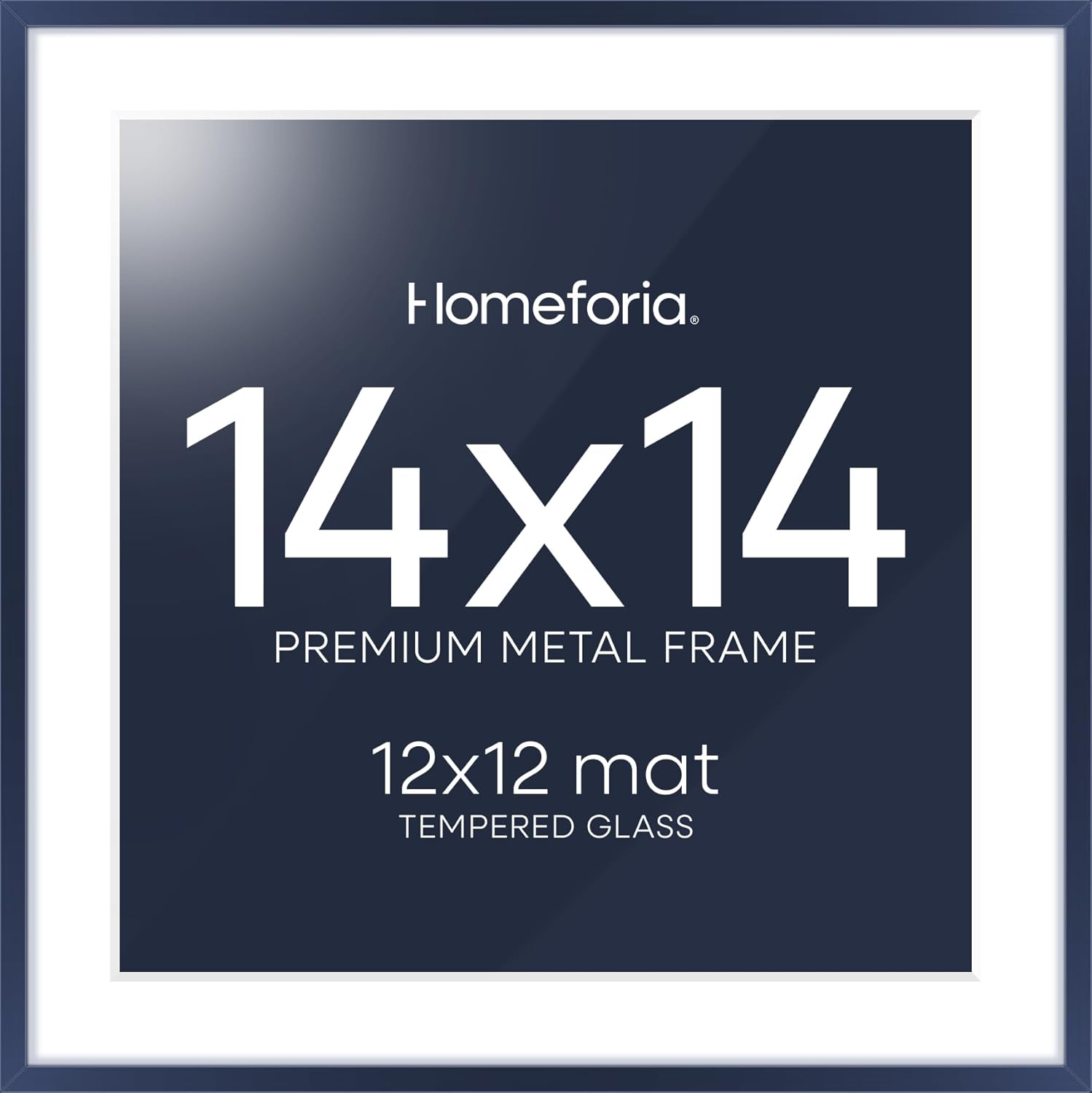 Homeforia 14x14 Picture Frame Navy Blue, High End Metal 14 x 14 Square Poster Frame with Mat 12 x 12 Photo, 14x14 Frame Matted to 12x12 Print, 14by14 Hanging Frames, Tempered Glass, Wall Kit, Set of 1