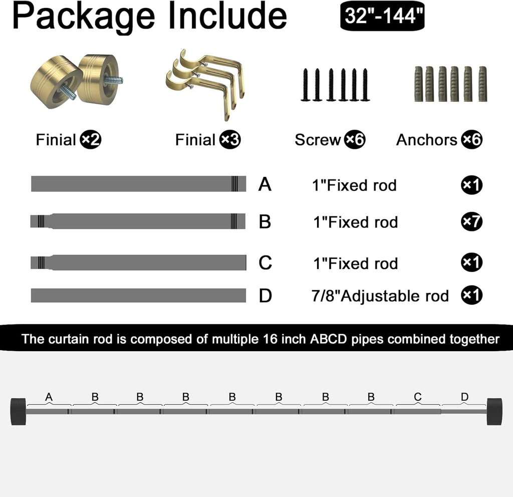 Gold Curtain Rod for Windows 18 to 144 Inches, 1 Inch Adjustable Drapery Pole, Heavy Duty Outdoor/Indoor Modern Curtain Rods, Easy Installation(Warm Gold 18"-144")
