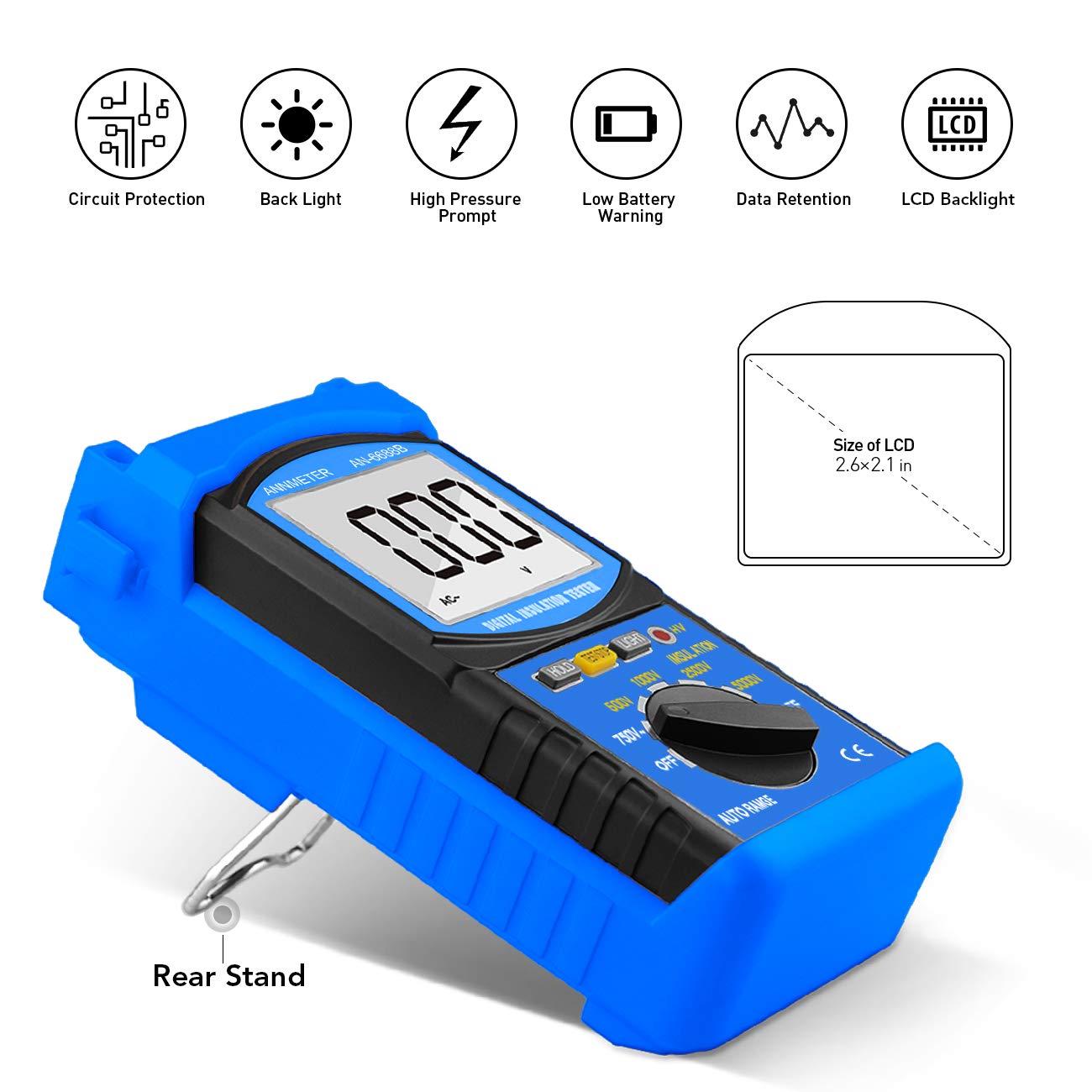 Digital Insulation Resistance Tester, AIMOEST Megohmmeter 200GΩ Meg Ohmmeter, 500V/1000V/2500V/5kV Test Voltage, Auto Ranging Mega Ohm Meter AC Voltmeter AI-6688B with Over-Range Indicator