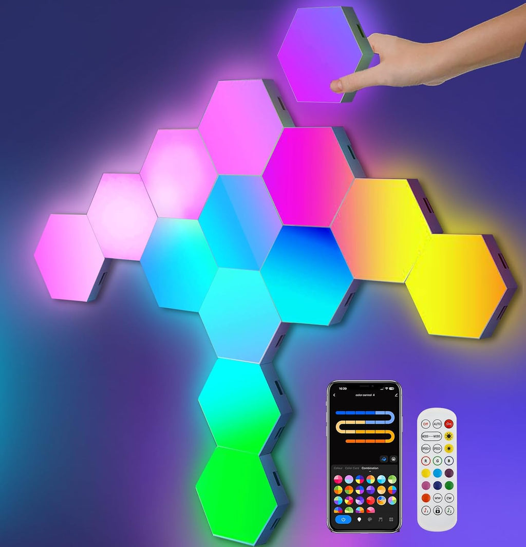 Hexagon LED Lights for Gaming Setup, Smart Home Gaming Lights Room Decor Work with Alexa Google Assistant, 14 DIY LED Panels for Wall Voice App Control Music Sync for TV Bedroom Aesthetic Decor Gift