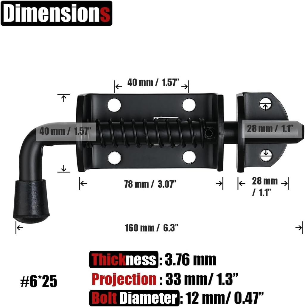 JQK Spring Loaded Barrel Bolt Latch, Heavy Duty 304 Stainless Steel Thickened 3mm Door Lock, 6.3 Inch Black, HSB410-BK-P2