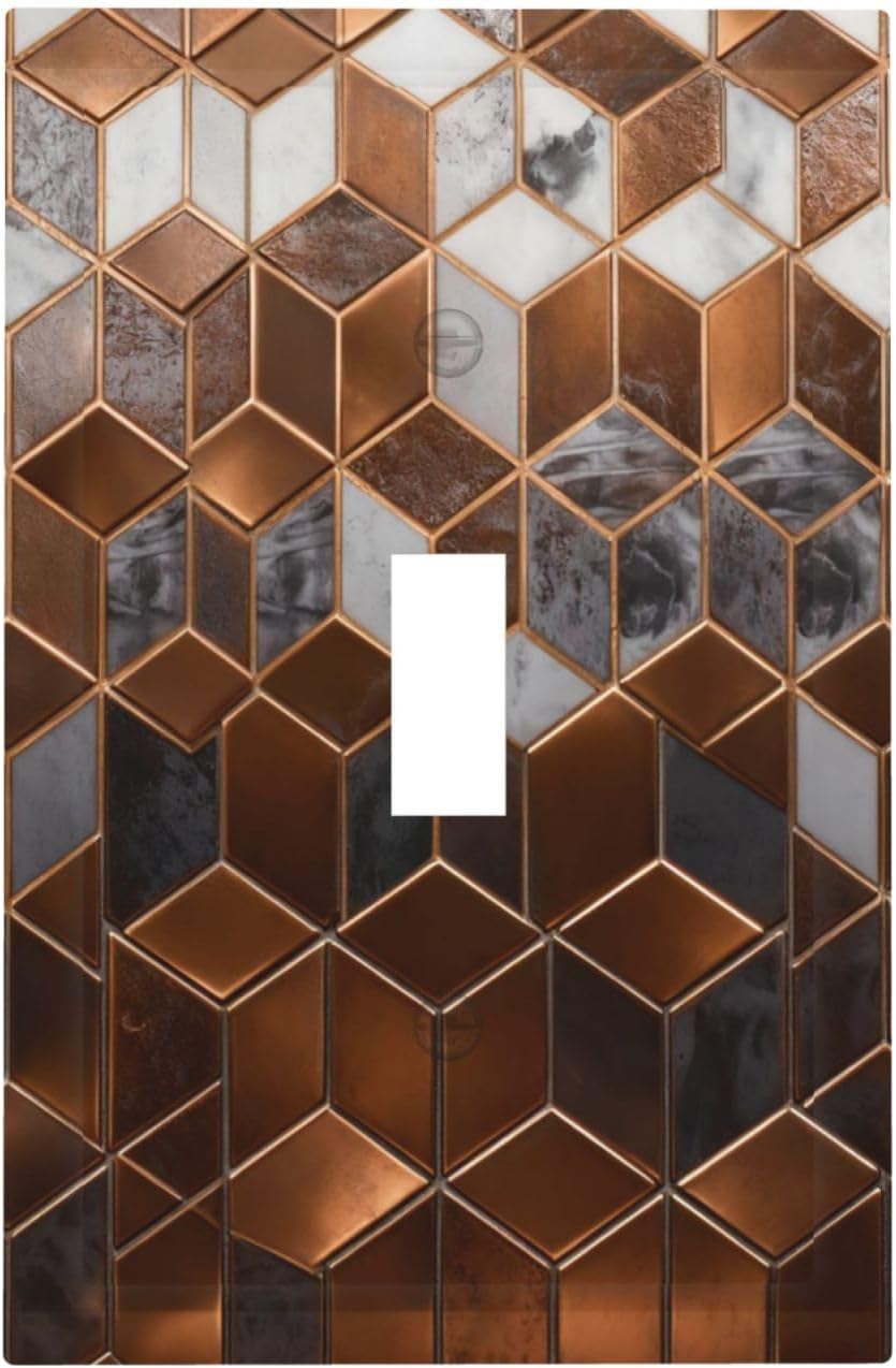 Brown Abstract Luxury Modern Geometric Cubic Marble 1 Gang Single Toggle Decorative Light Switch Covers Electrical Faceplate Switch Plates for Bathroom Kitchen Home