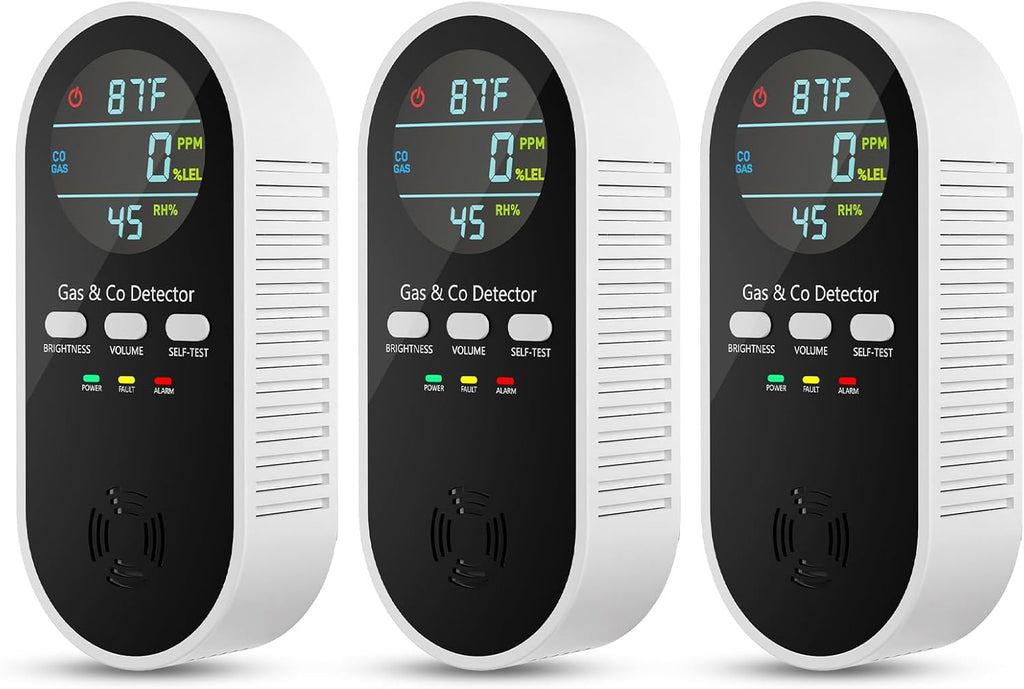5-in-1 Natural Gas Leak Detector & Carbon Monoxide Detectors Plug in, Portable Carbon Monoxide Detector & Battery Backup with Brightness & Volume Adjustment for Home/RV/Travel/Camping (3 Packs)