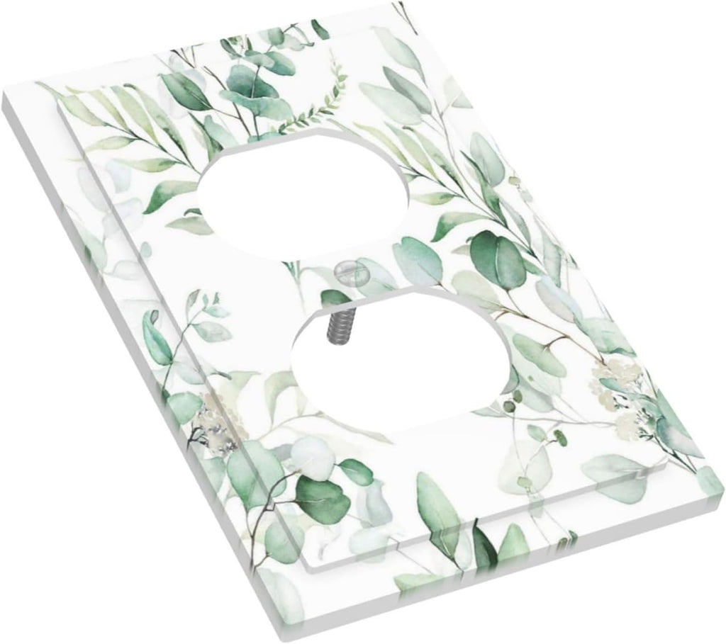 Boho Green Eucalyptus Leaf Floral Plants Flowers Outlet Covers 1 Gang Duplex Light Switch Cover Decorative Switch Plates Electrical Receptacle Faceplate Wall Plate for Bed Room Living Room Decor