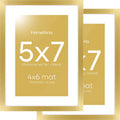 Homeforia 5x7 Picture Frame Gold, High End Metal 5 x 7 Gold Frames with Mat 4 x 6 for Print, 5by7 Desk Frame Matted to 4x6 inch Photo, 5 by 7 Wall or Tabletop Frame, Tempered Glass, Wall Kit, Set of 2