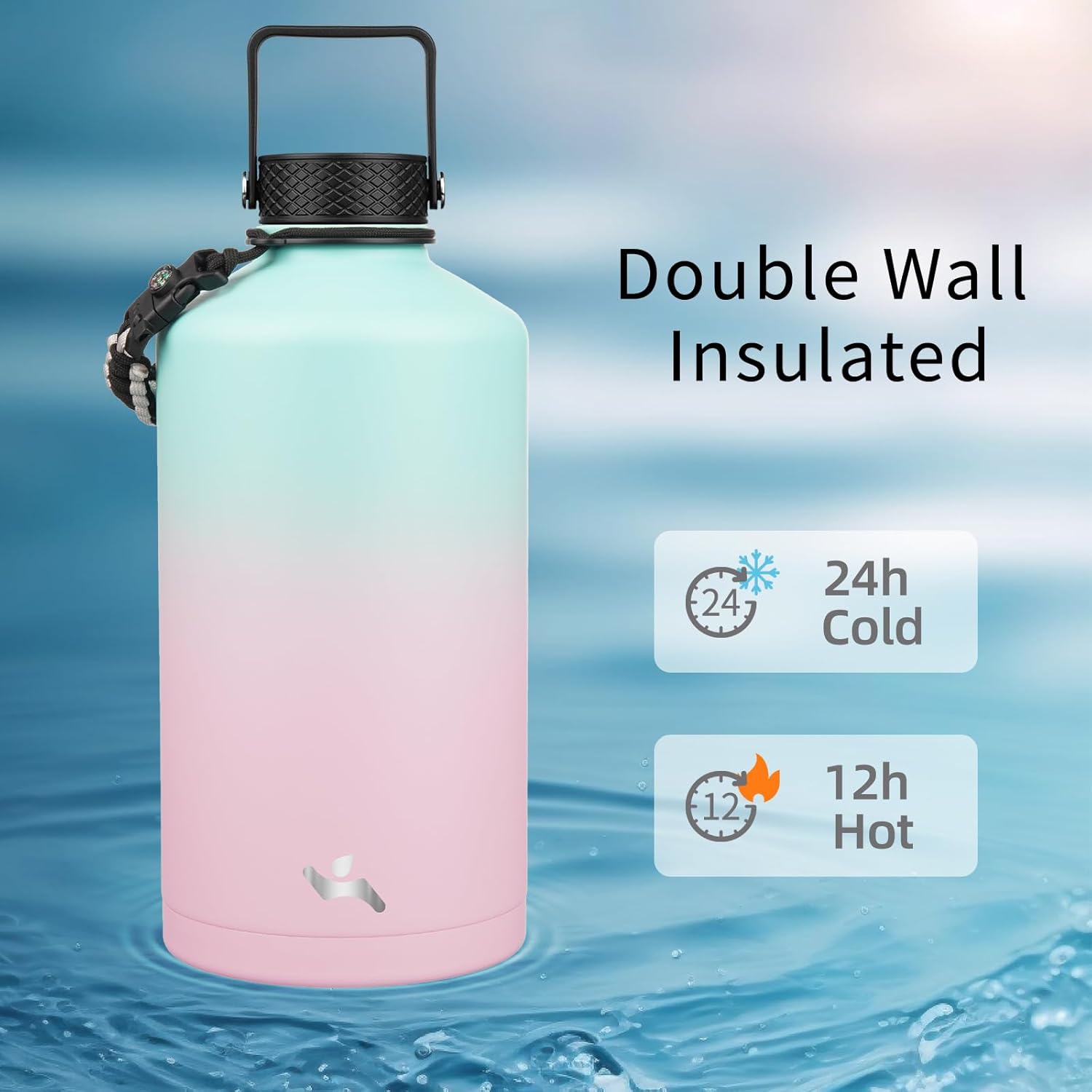 Gallon Insulated Water Bottle with Straw,128 oz 3 Lids Water Jug with Carrying Bag,Paracord Handle, Double Wall Vacuum Stainless Steel Metal Flask,Gum