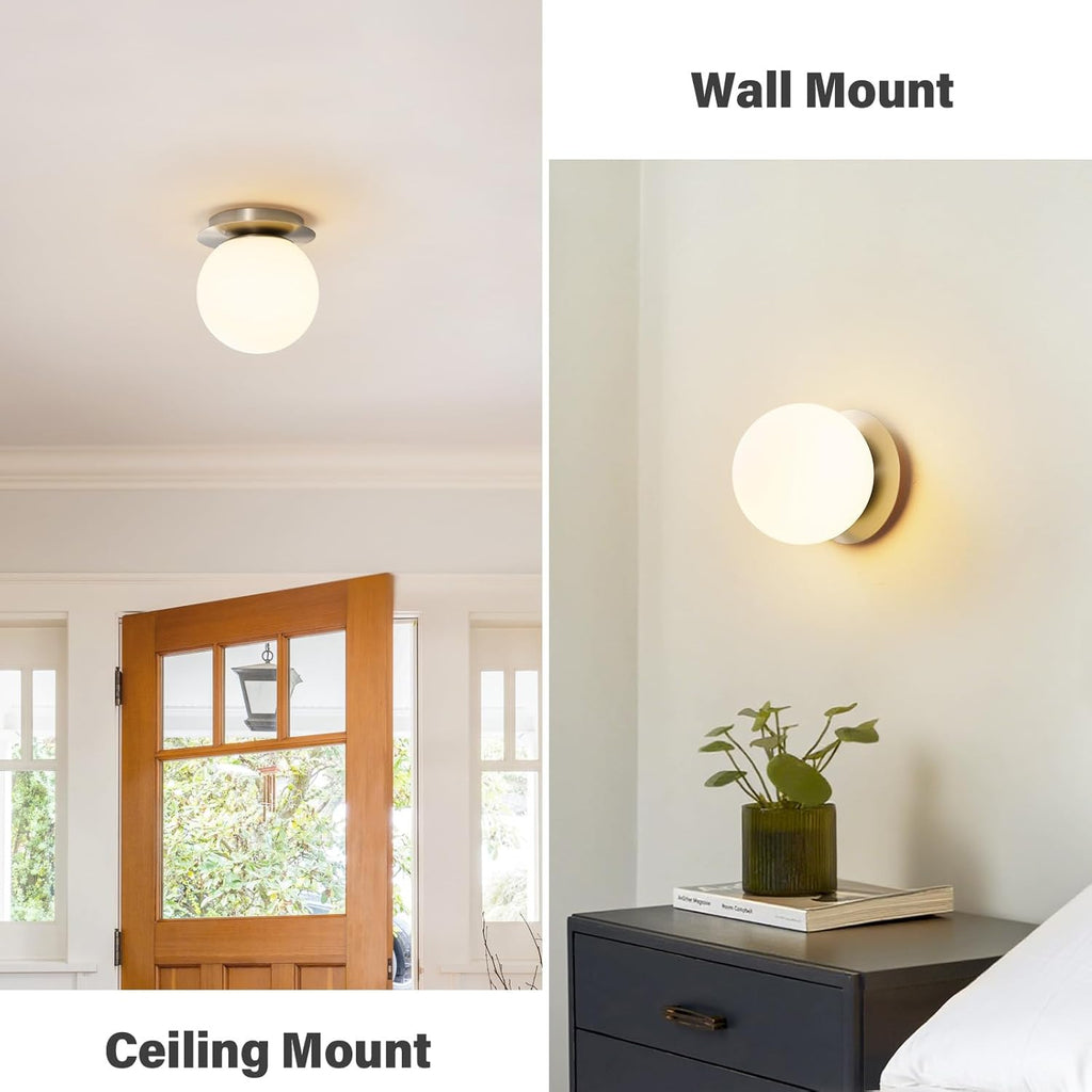 Modern Glass Globe Wall Sconce: Brushed Nickel Single Light with Milk Glass Shade - Minimalist Spherical Vanity Sconces over Mirror - Contemporary Ball Wall Lights Fixtures for Entryway Bulb Excluded