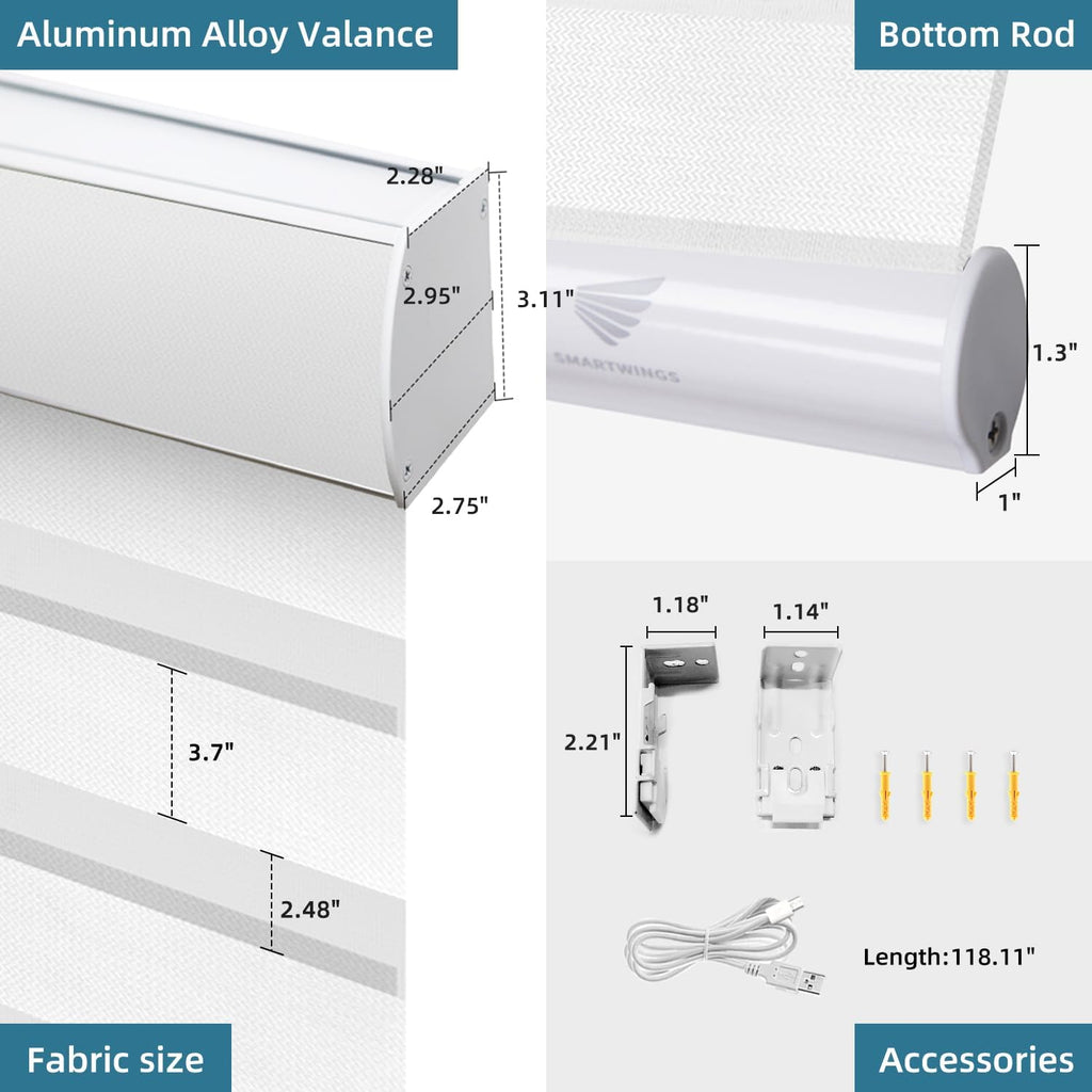SmartWings Motorized Zebra Shades with Valance Work with Homekit Thread Alexa Smart Dual Layer Shades with Remote Control, Automatic Horizontal Window Blind, 90% Blackout 95mm Astrid Greyish White