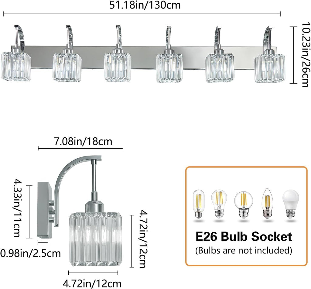 Crystal Vanity Lights 6-Light Chrome Bathroom Vanity Lights Modern Crystal Bathroom Light Fixtures Over Mirror 51.18" Long Vanity Light for Bathroom