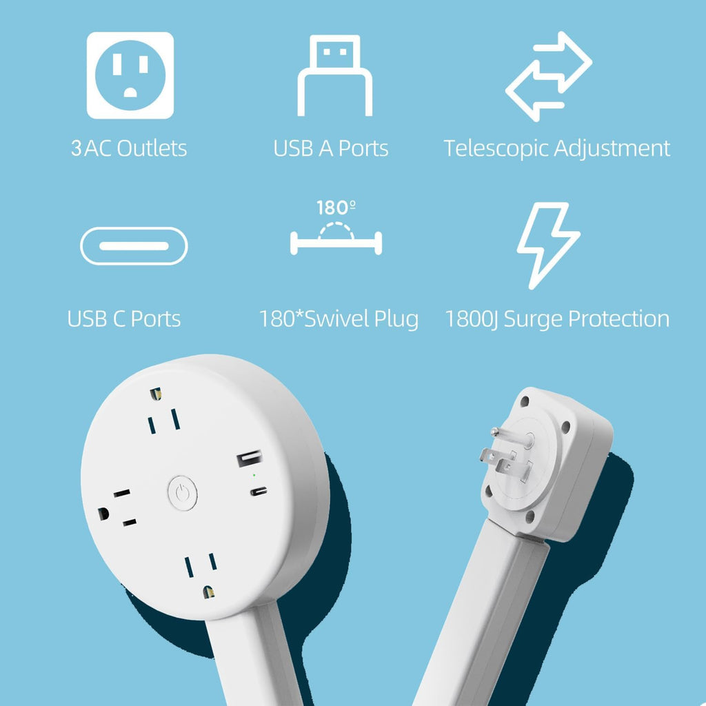 Electrical Outlet Extender,Power Socket Expander Features USB-A, USB-C, and 3 AC Electrical Outlet Extender, 180° Rotating & Extendable for Hard-to-Reach Outlets Behind Couch,Bed,Nightstand,Desk