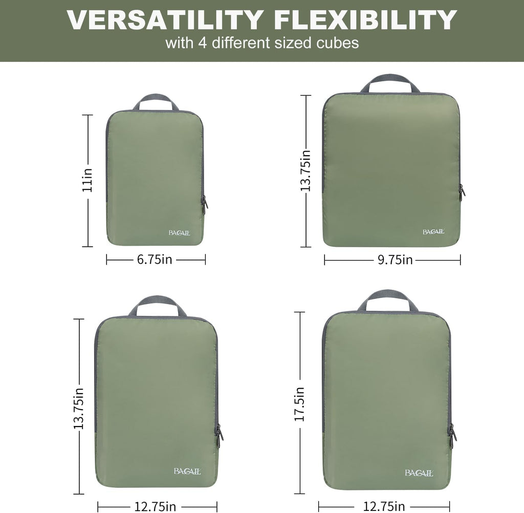 BAGAIL 4 Set/6 Set/8 Set Compression Packing Cubes Travel Accessories Expandable Packing Organizers (Cloth Pattern, 4-Matcha Green)