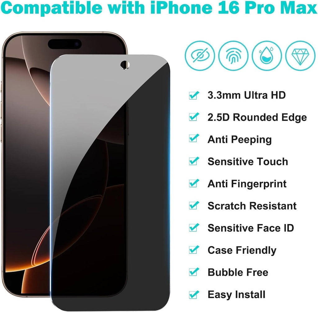 3 Pack for iPhone 16 Pro Privacy Screen Protector + 2 Camera Lens Protector 9H+ Tempered Full cover Glass 12FT Military Grade Shatterproof 100% Anti Spy Auto Alignment Kit
