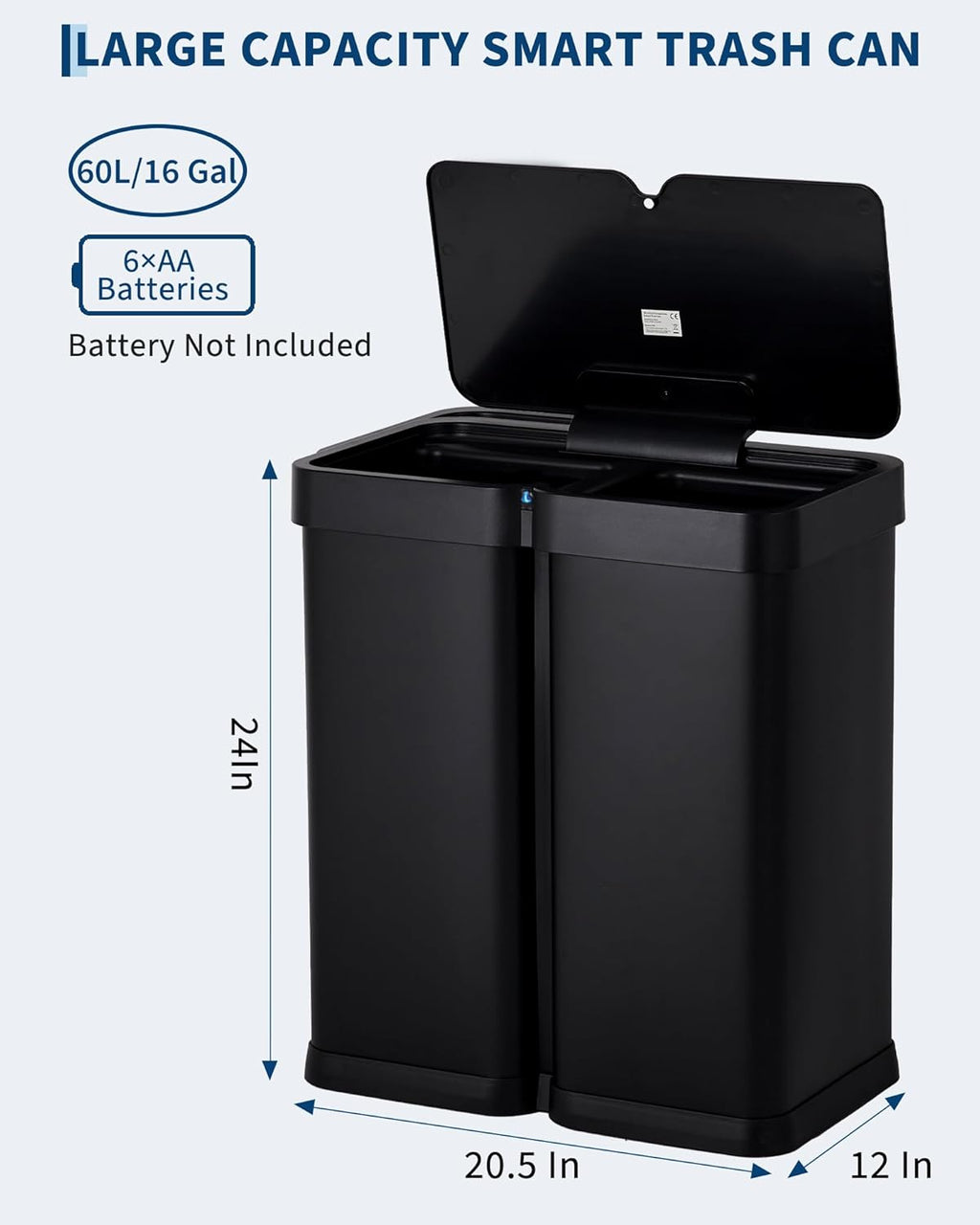 15.8 Gallon Touchless Stainless Steel Dual Compartment Trash Can - Automatic Motion Sensor Recycling Bin with Separated Baskets for Kitchen, Black & Brushed Finish