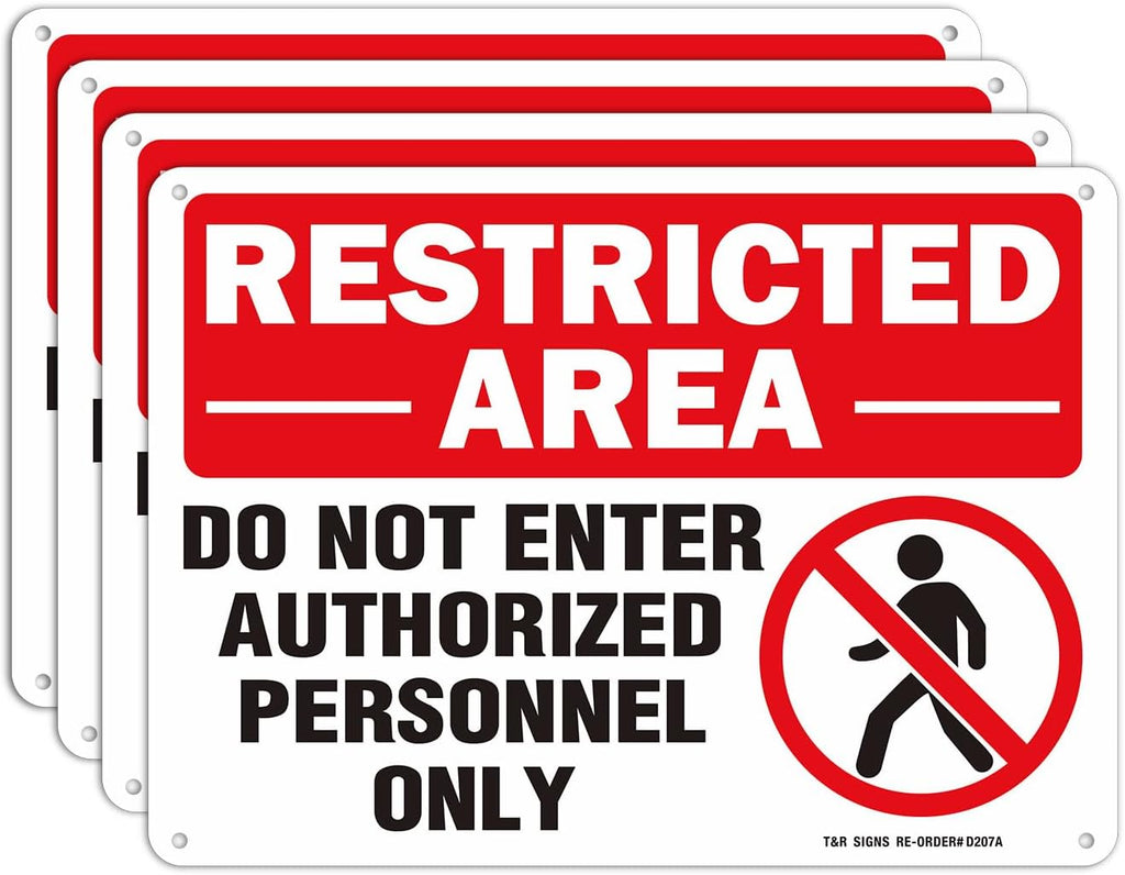 Restricted Area Do Not Enter Authorized Personnel Only Sign - 4 Pack - 10 x 7 Inches Rust Free .040 Aluminum - UV Protected, Waterproof, Weatherproof and Fade Resistant - 4 Pre-drilled Holes