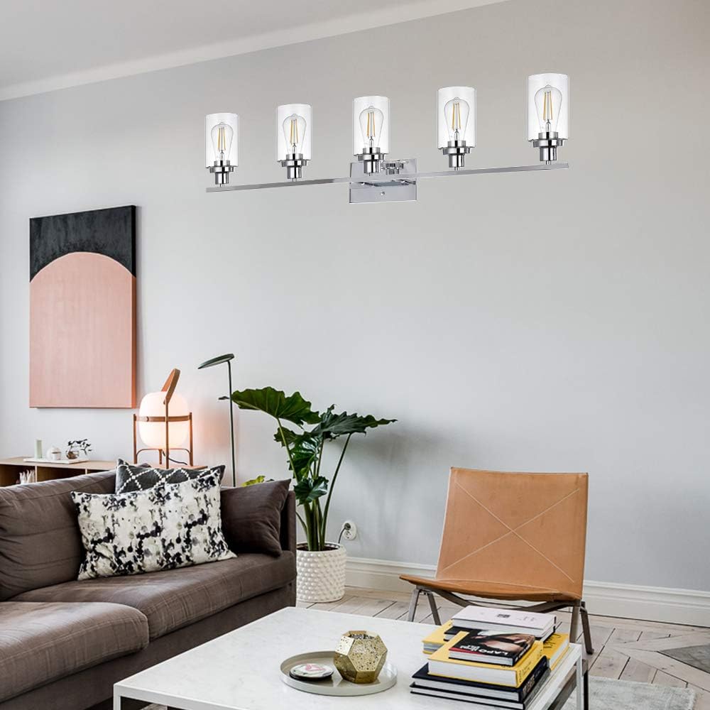 MELUCEE Modern Vanity Lights for Bathroom 5 Lights Chrome Finish with Clear Glass Shade, Contemporary Metal Wall Light Fixtures for Dressing Table Mirror Cabinets (Patent No.: US D963914 S)